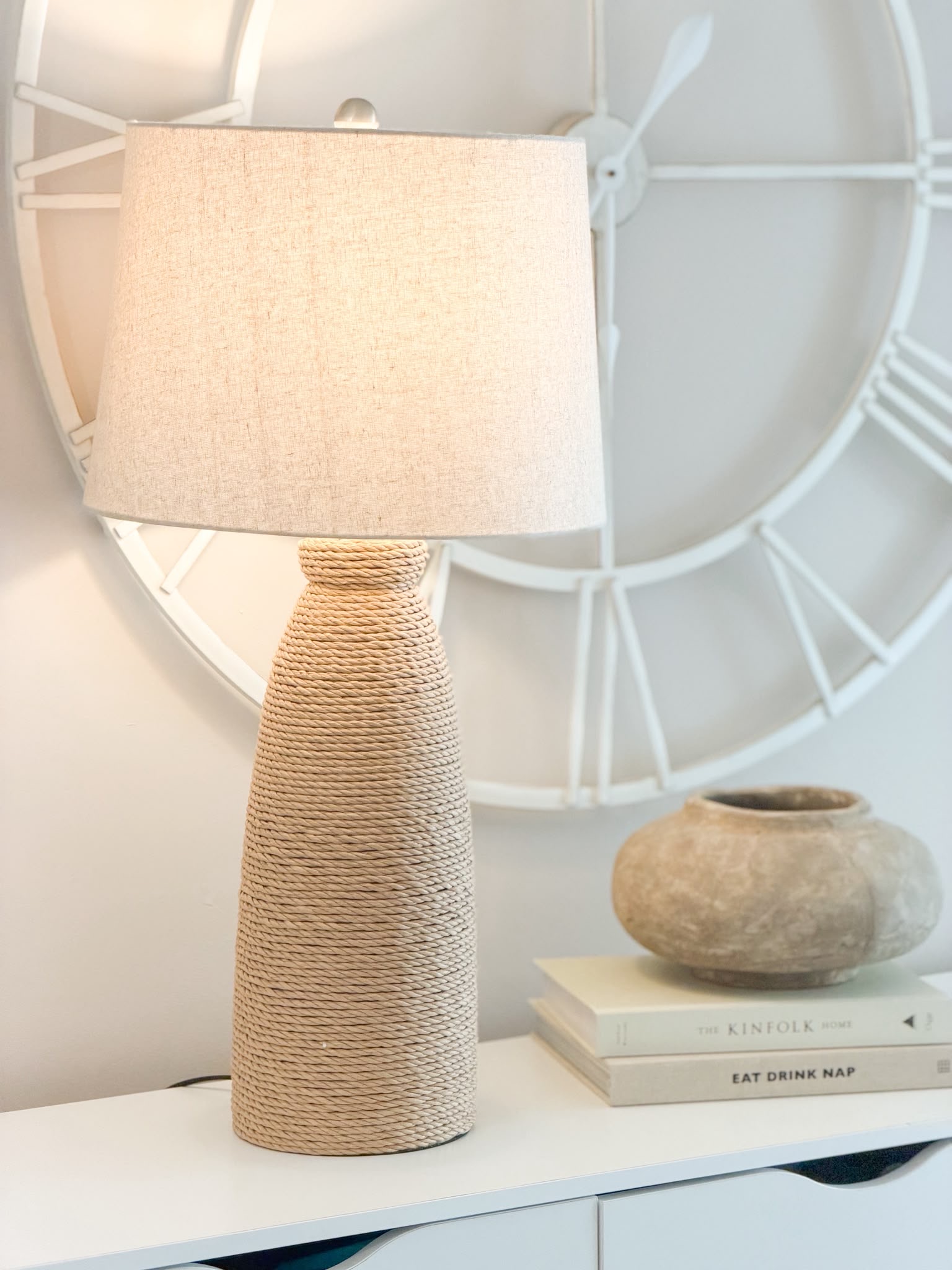 Very large statement woven lamp with linen shade