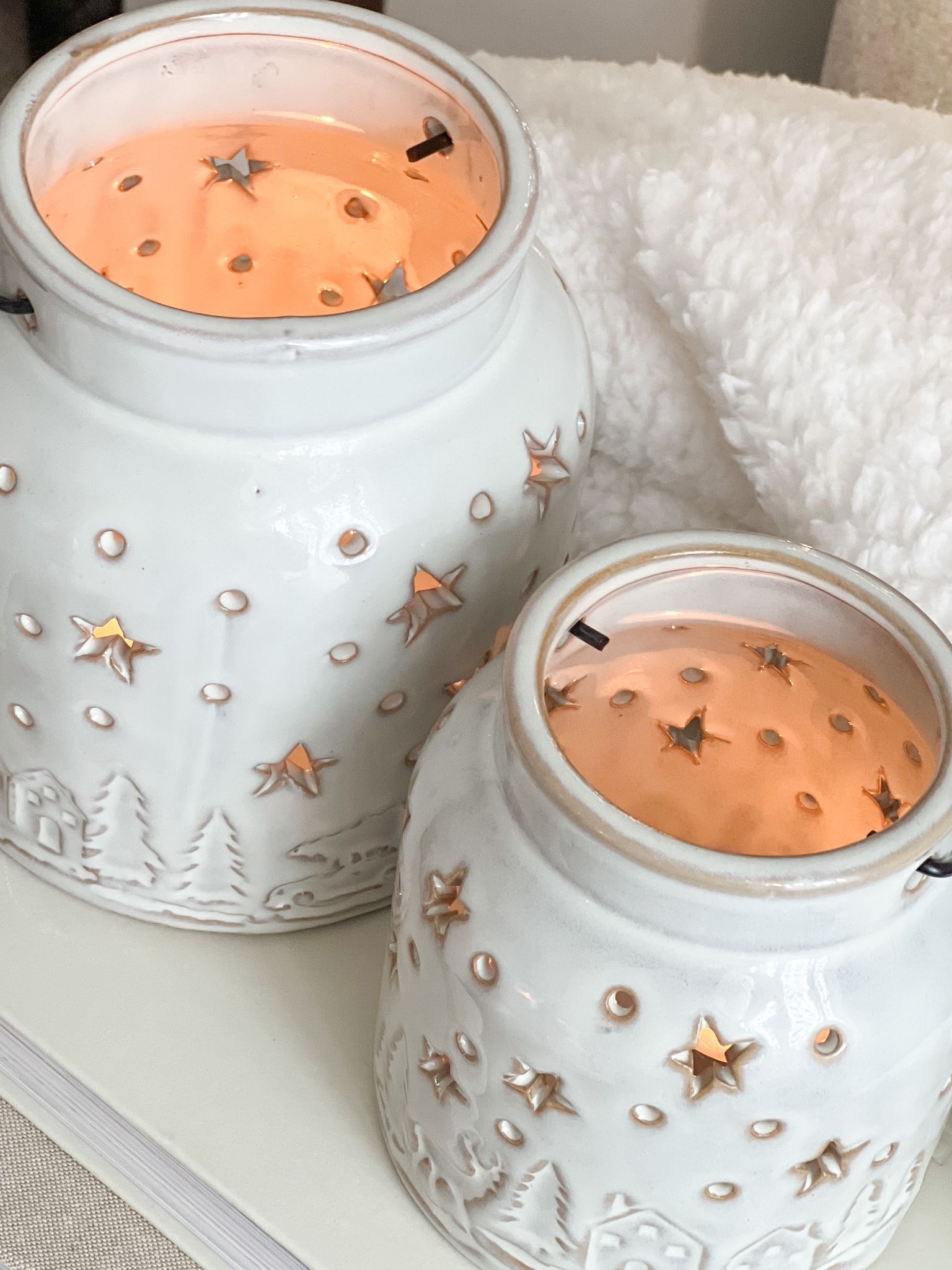 Ceramic festive scene lantern with handle – two sizes
