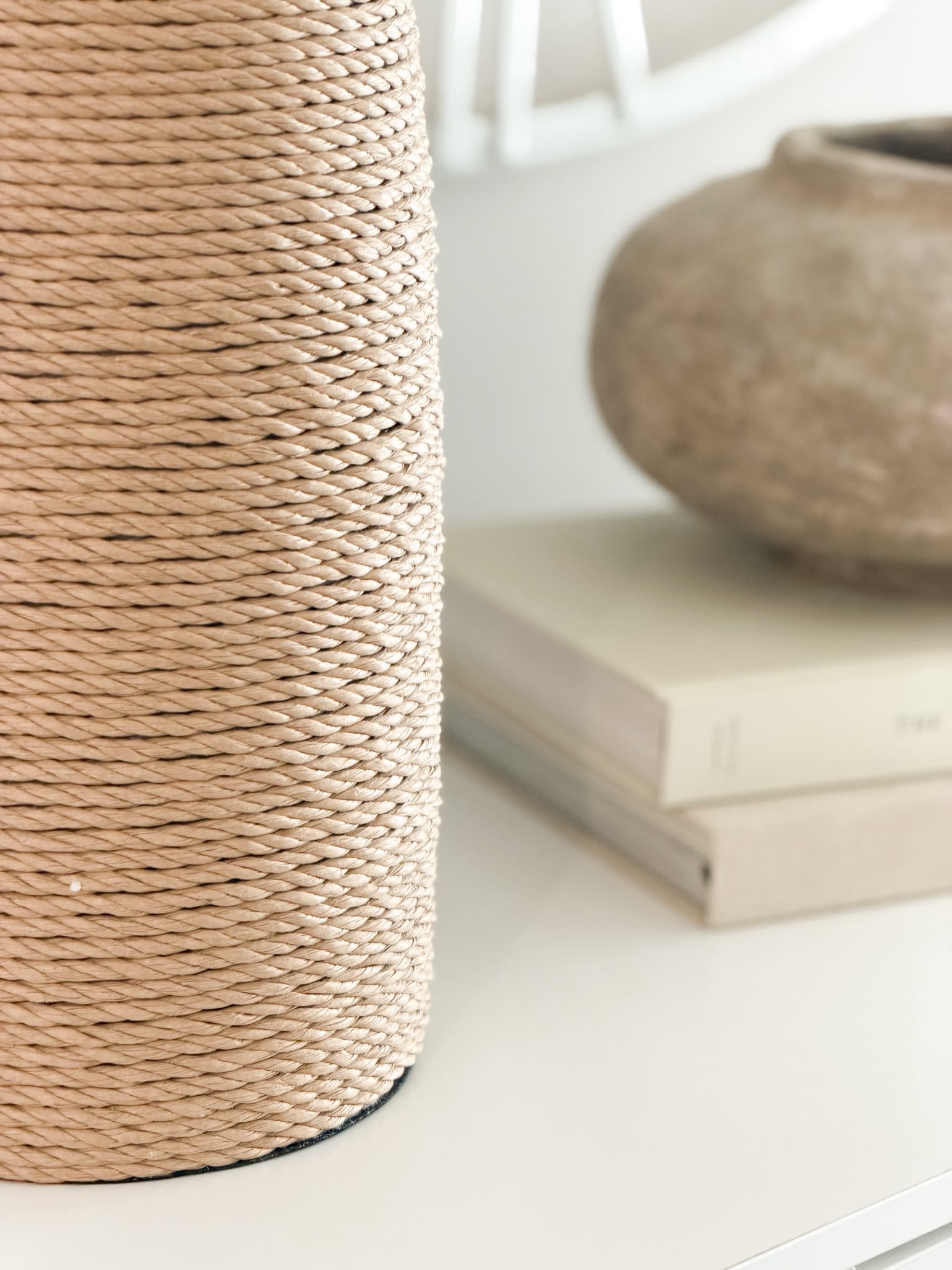 Very large statement woven lamp with linen shade