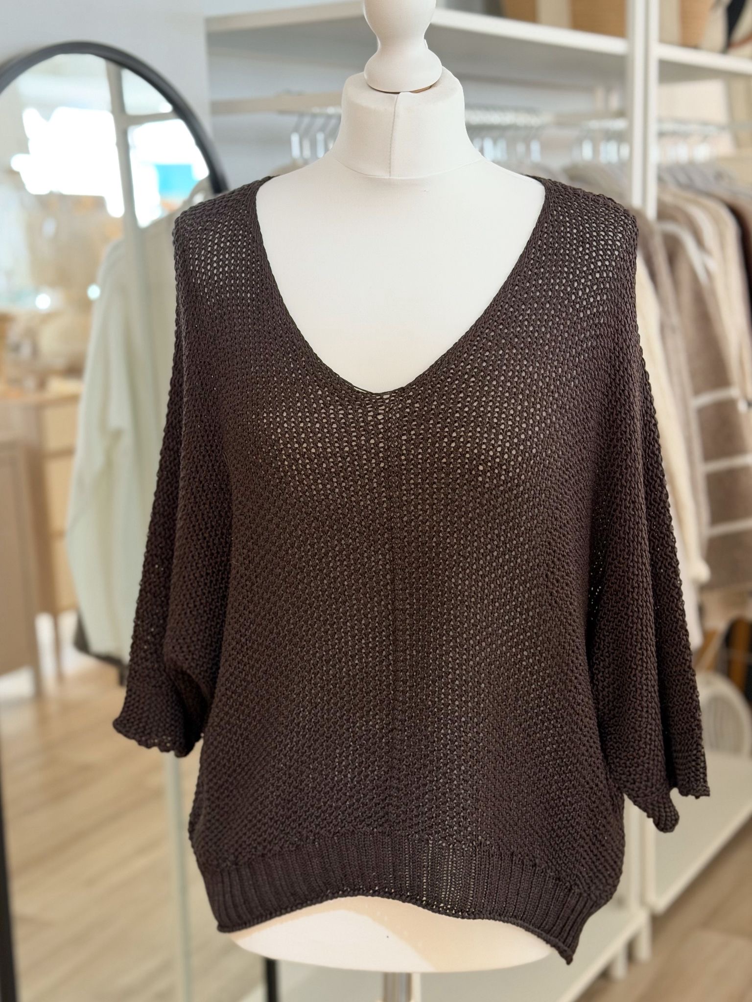 Light weight open knit vneck top in chocolate