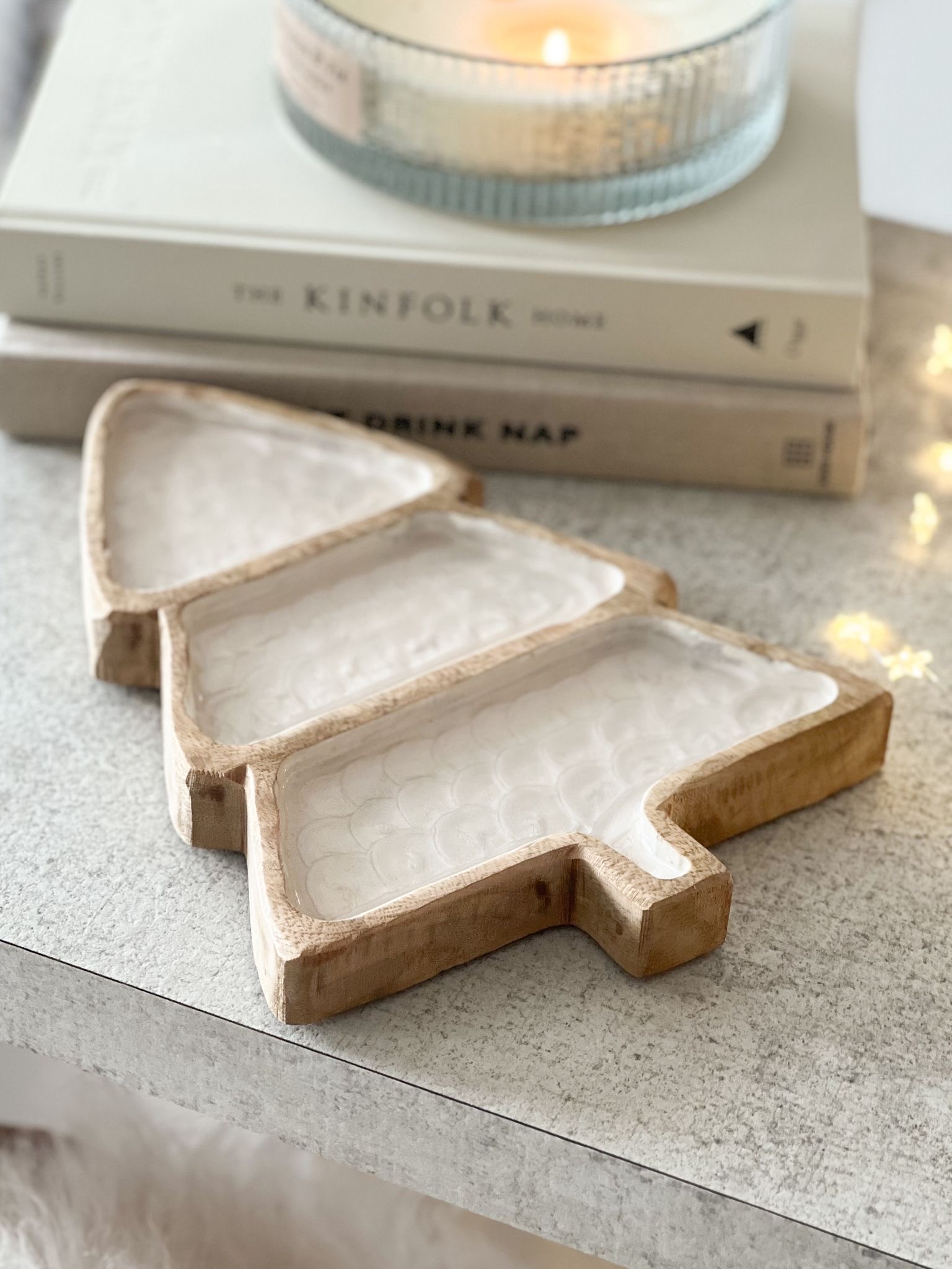 Mango wood and enamel Christmas tree platter
