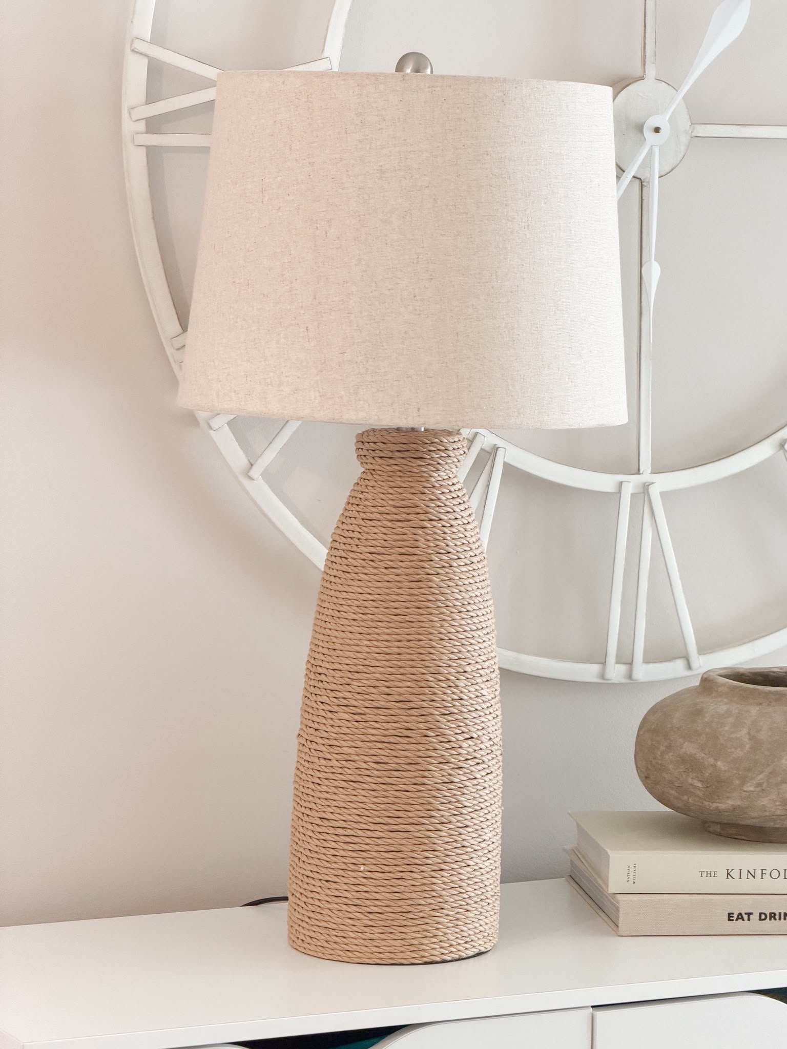 Very large statement woven lamp with linen shade