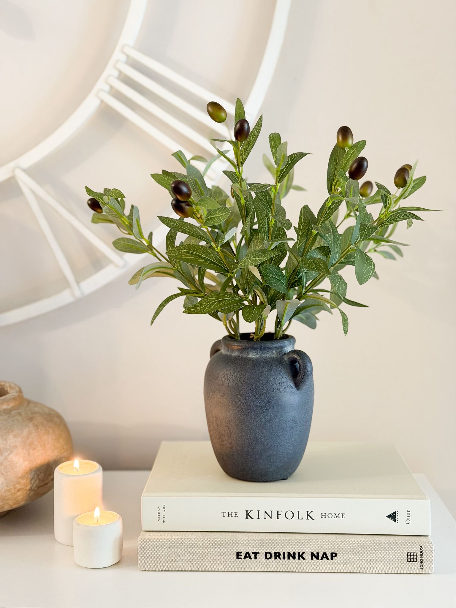 Faux olive tree in rustic style handled pot