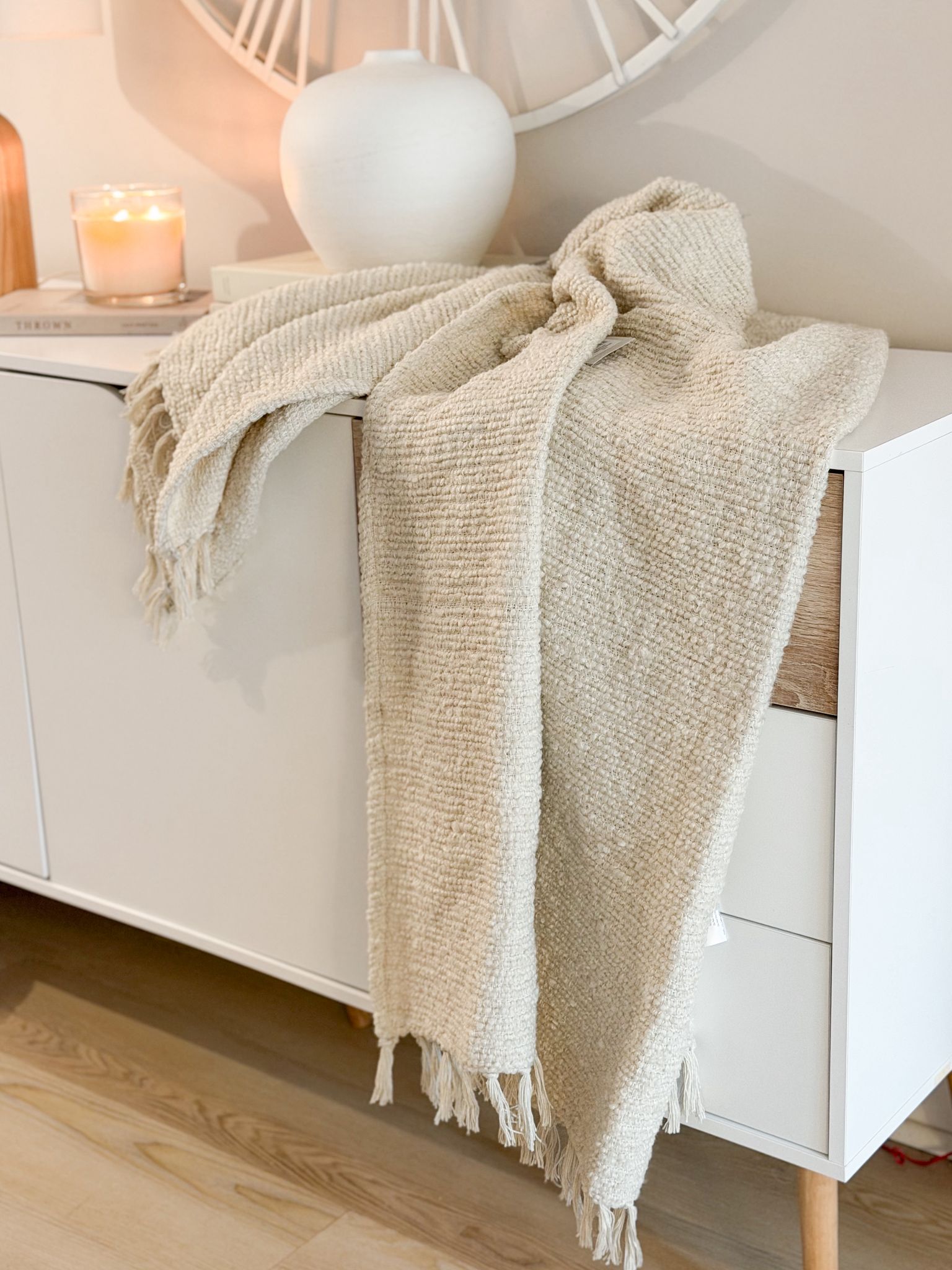 Textured tassel boucle throw in ecru