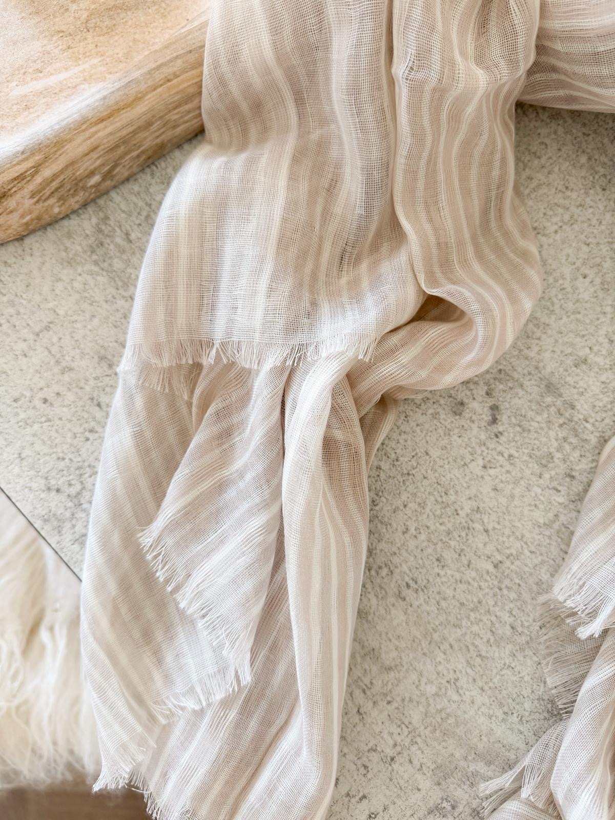 Loose weave light beige frayed edge stripe scarf