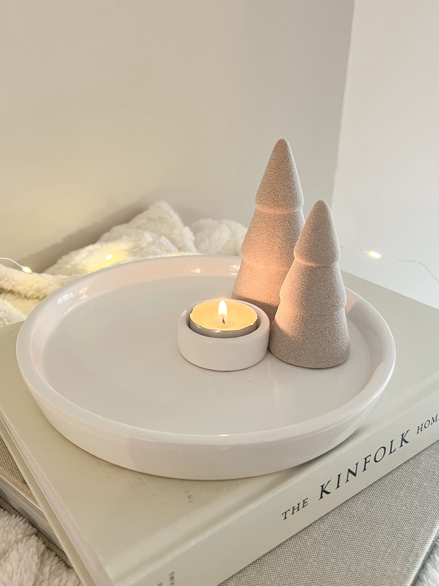 Large ceramic candle tray with decorative trees