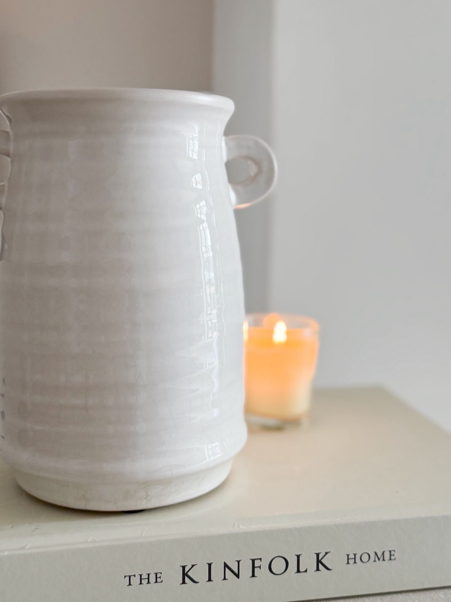 Large crackle glaze ceramic white vase with decorative handles