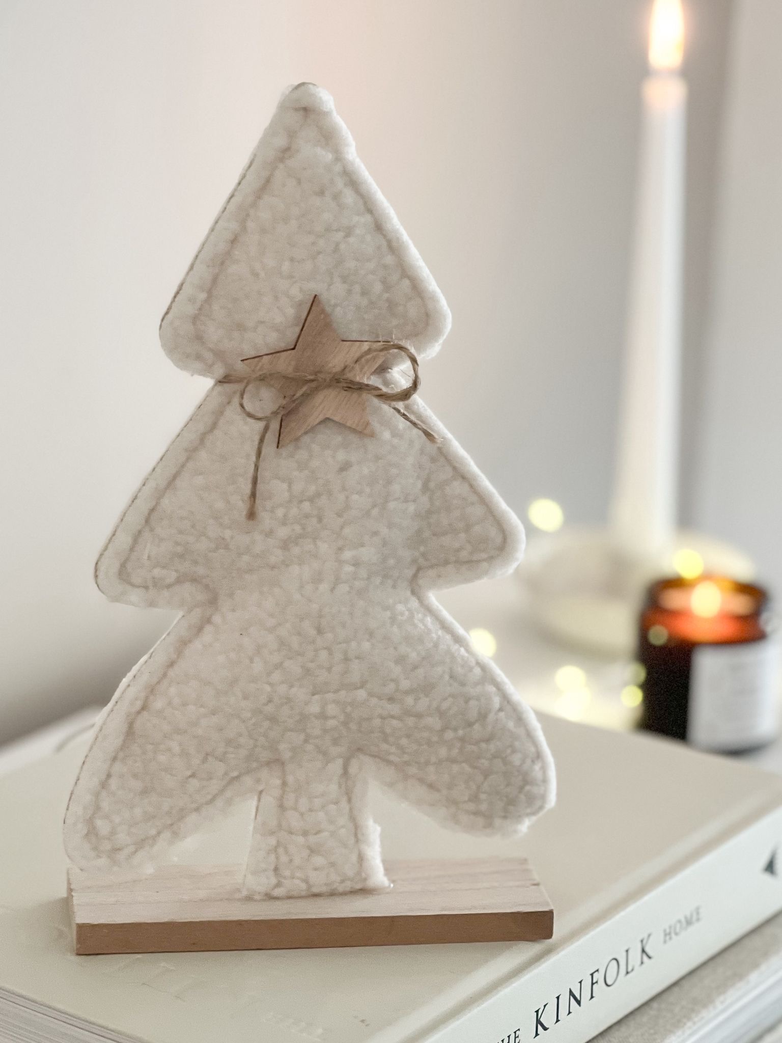 Sherpa boucle Christmas tree on wooden base with star