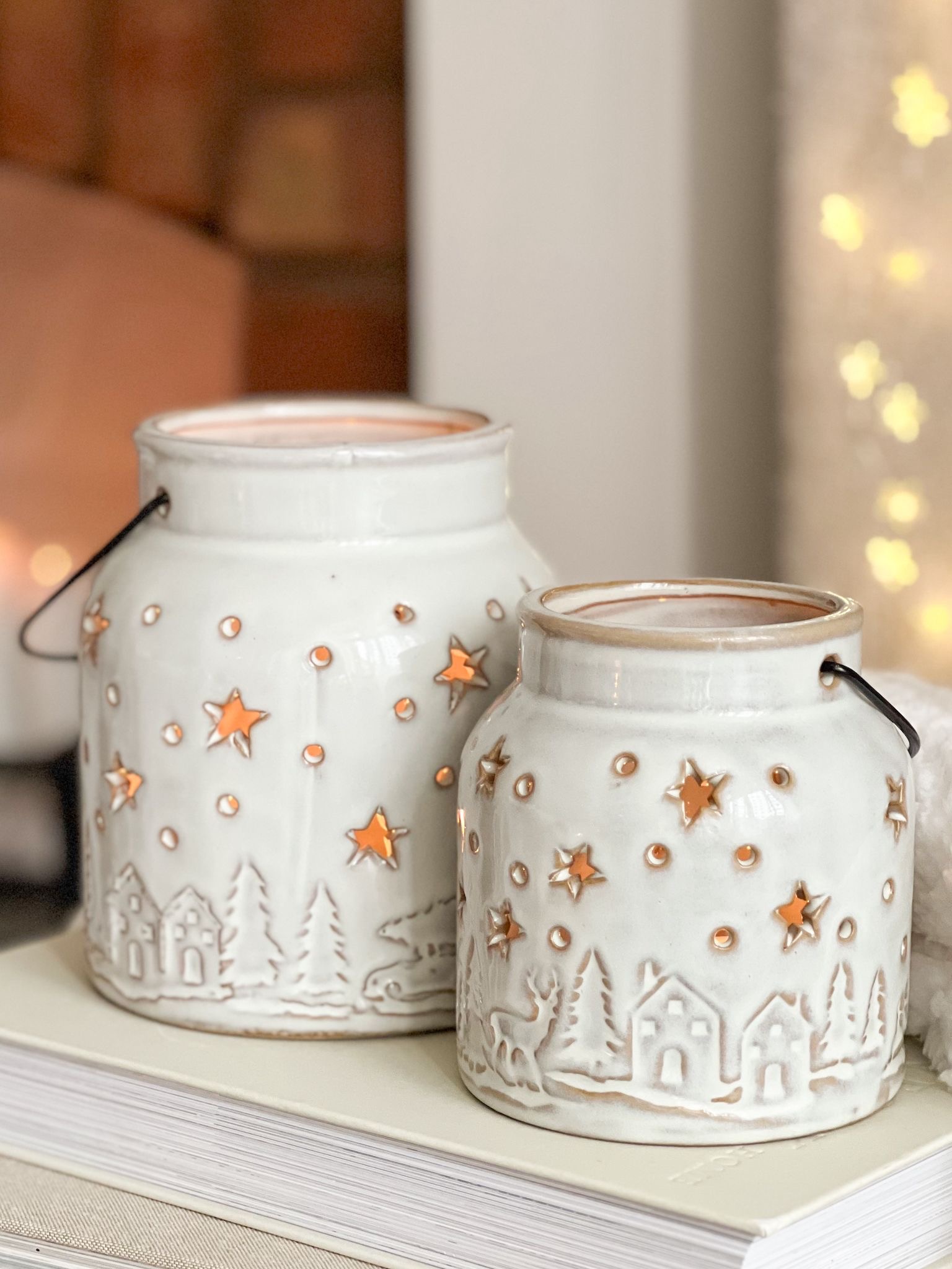 Ceramic festive scene lantern with handle – two sizes