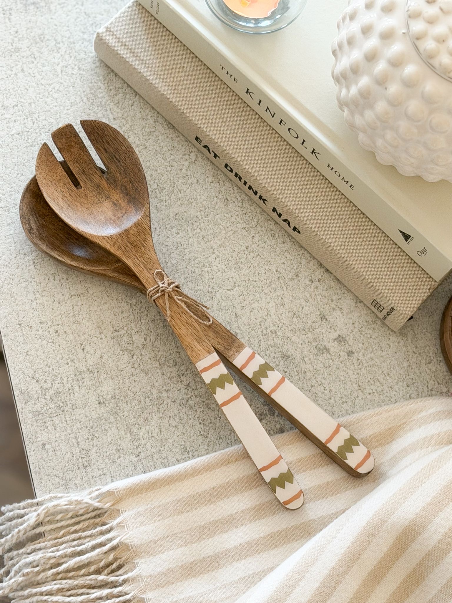 Wooden salad servers with decorative handles