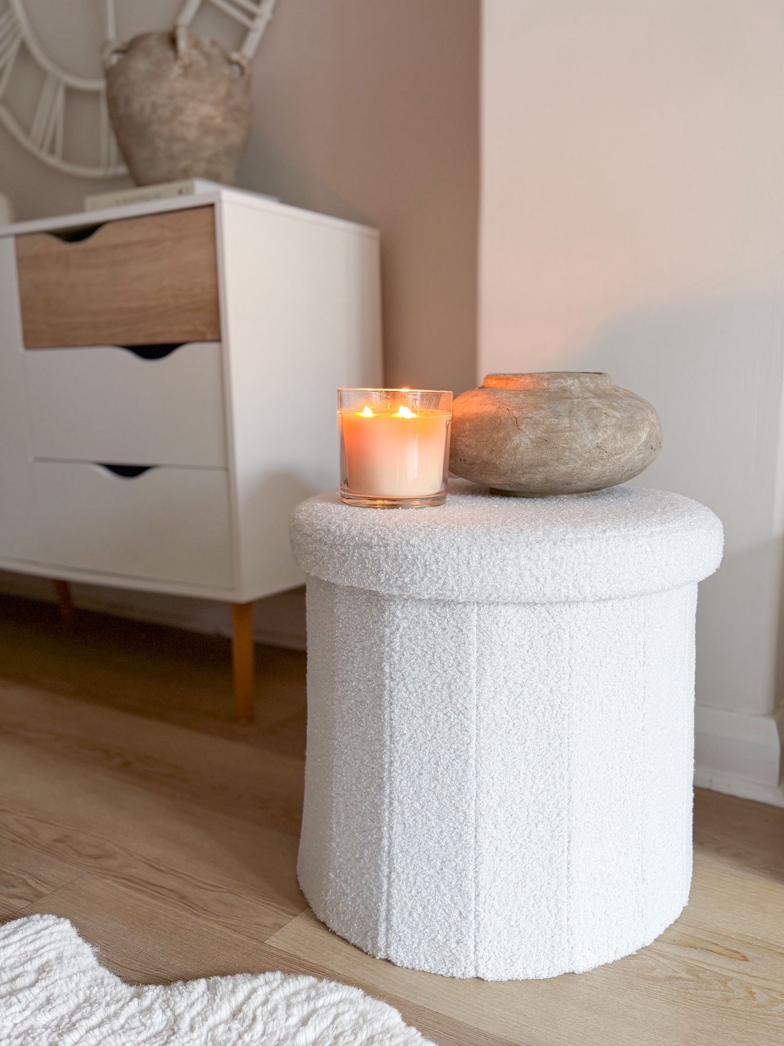 Folding boucle storage lidded stool