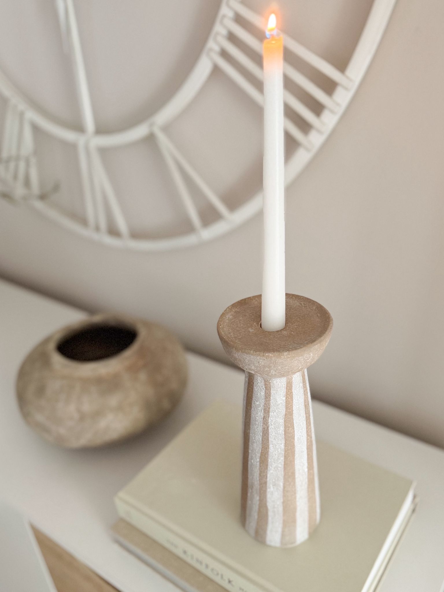 Rustic ceramic stripe large candle holder
