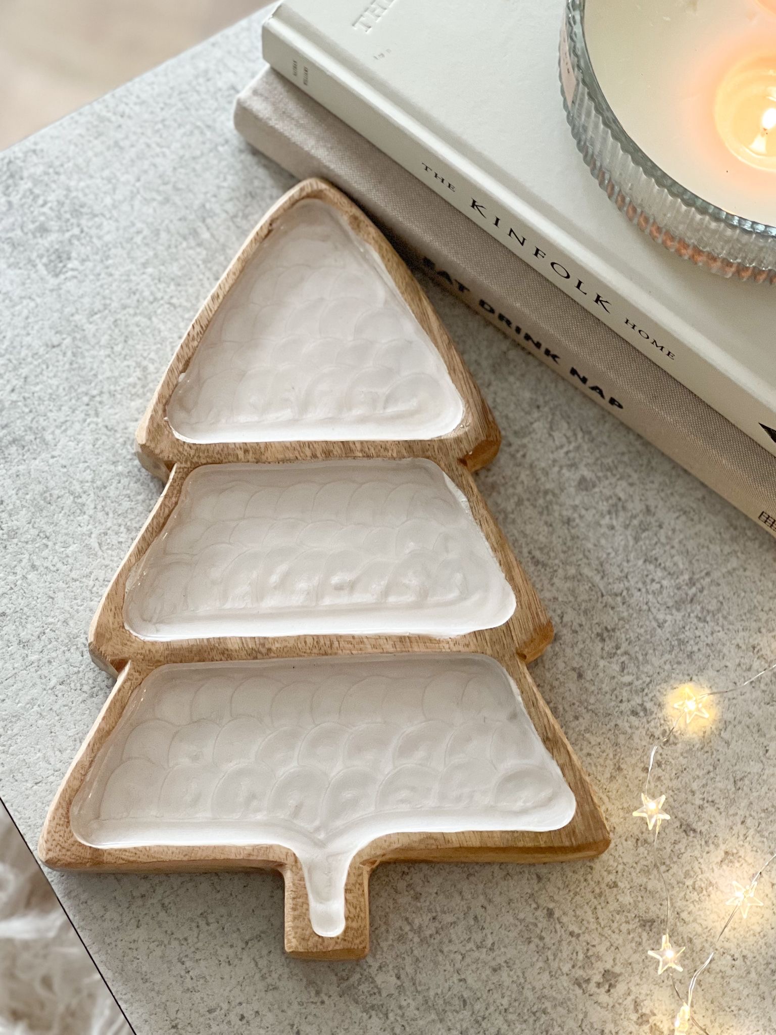 Mango wood and enamel Christmas tree platter