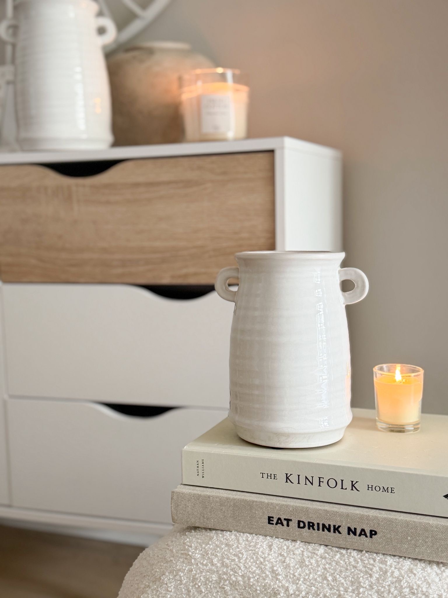 Crackle glaze ceramic white vase with decorative handles