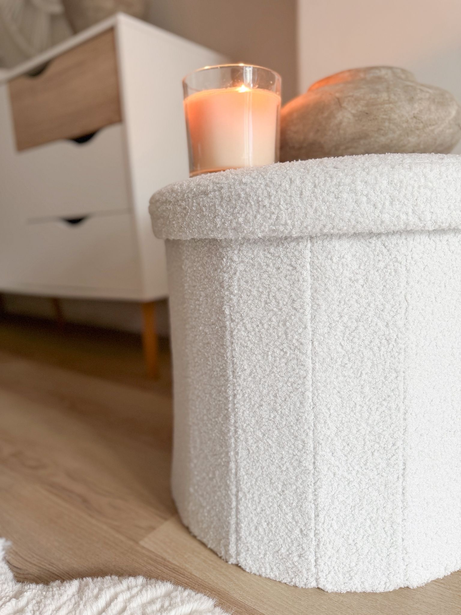 Folding boucle storage lidded stool