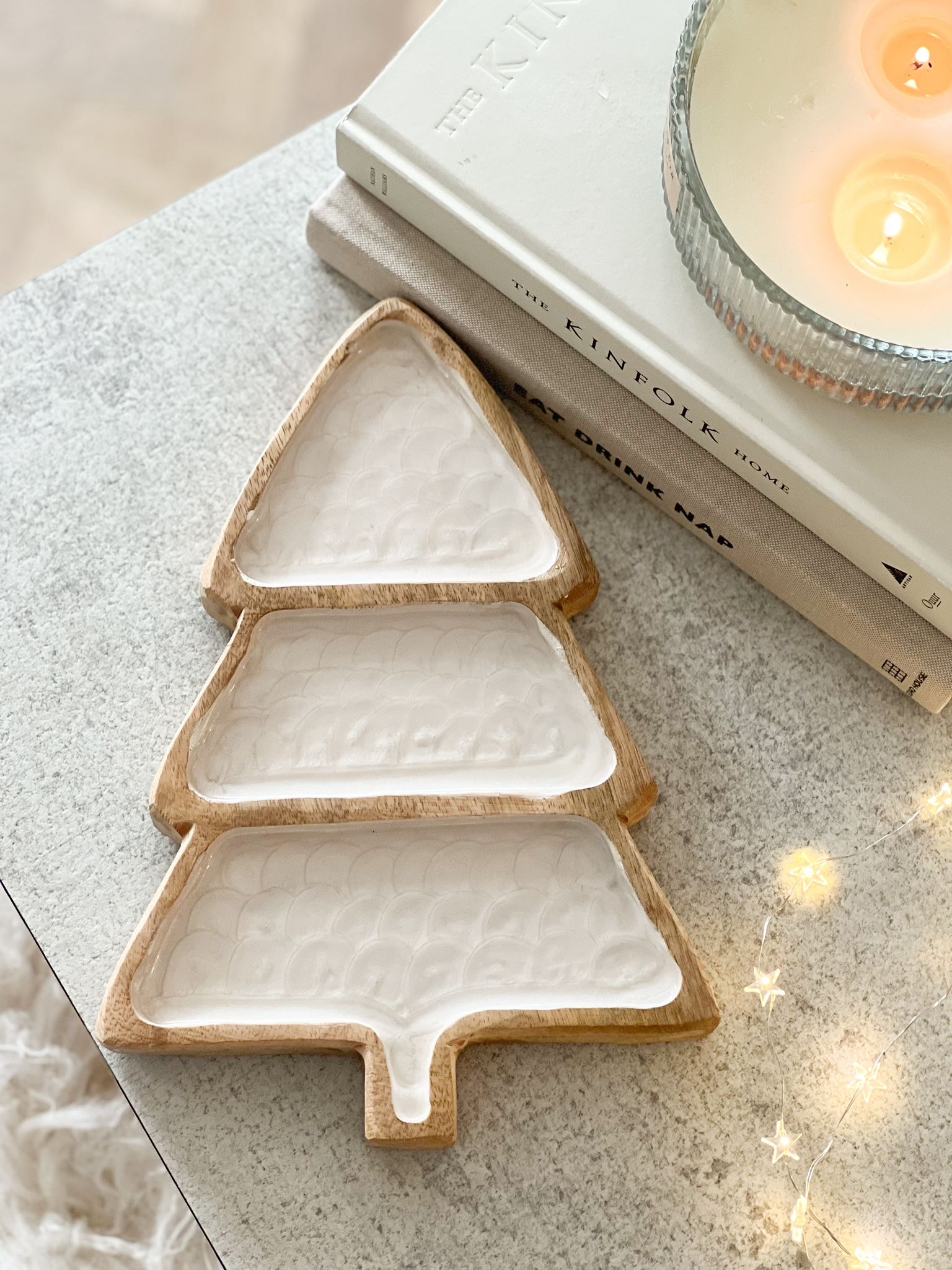 Mango wood and enamel Christmas tree platter