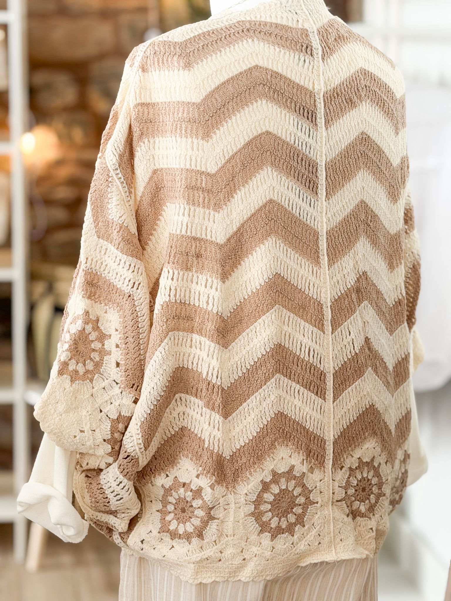 Balloon sleeve crochet knit cardigan