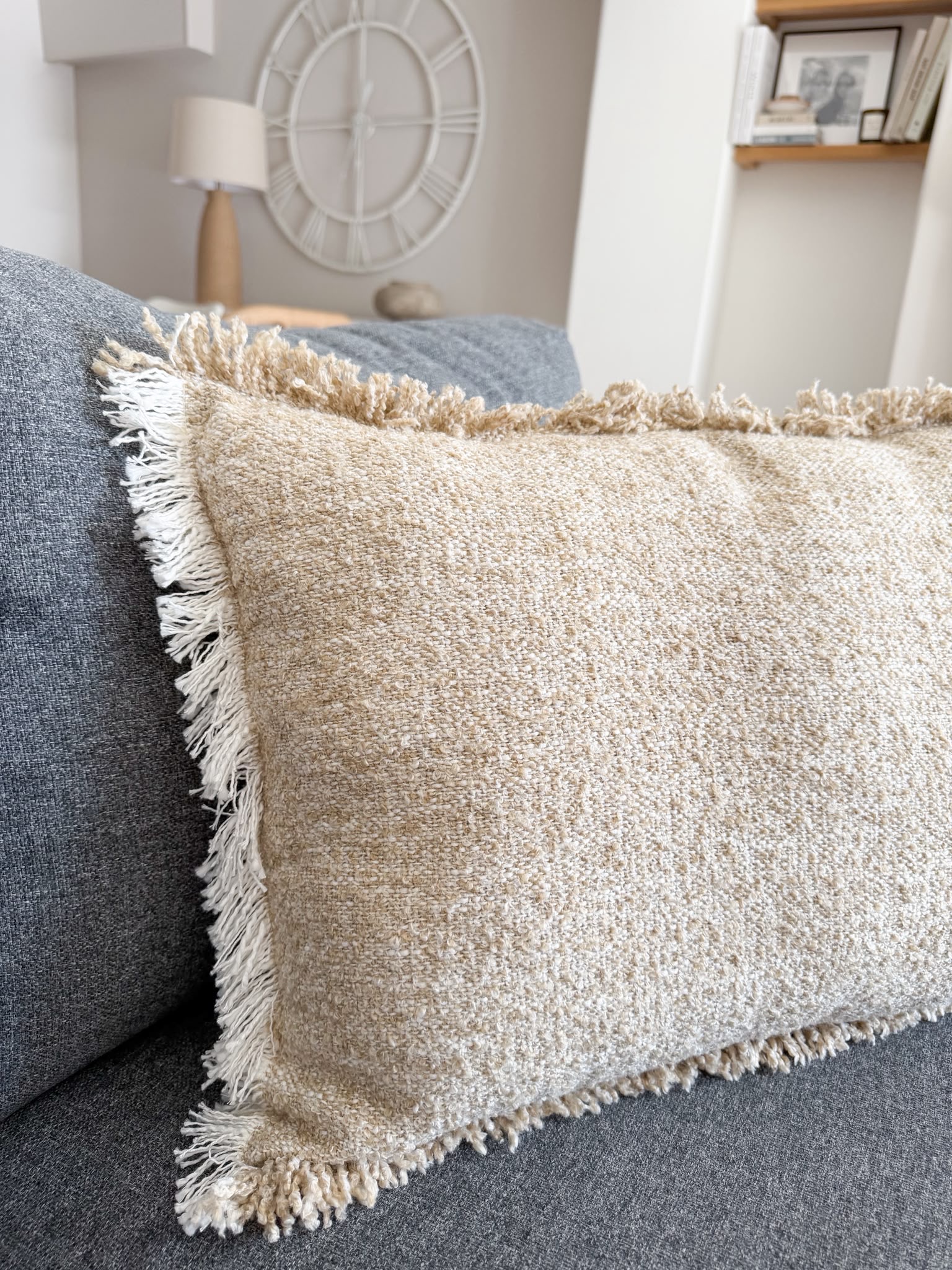 Quality textured large long cushion with frill