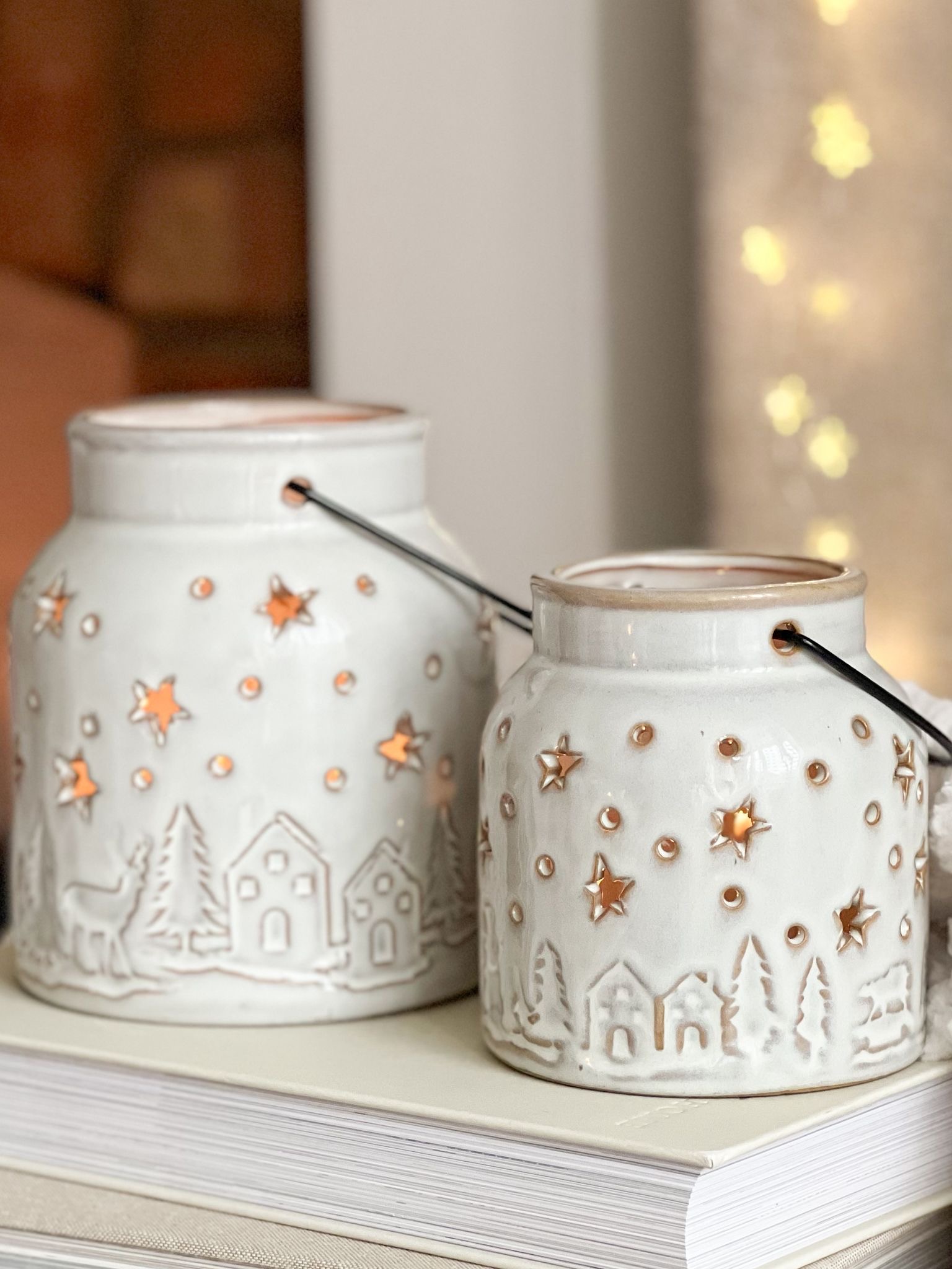 Ceramic festive scene lantern with handle – two sizes