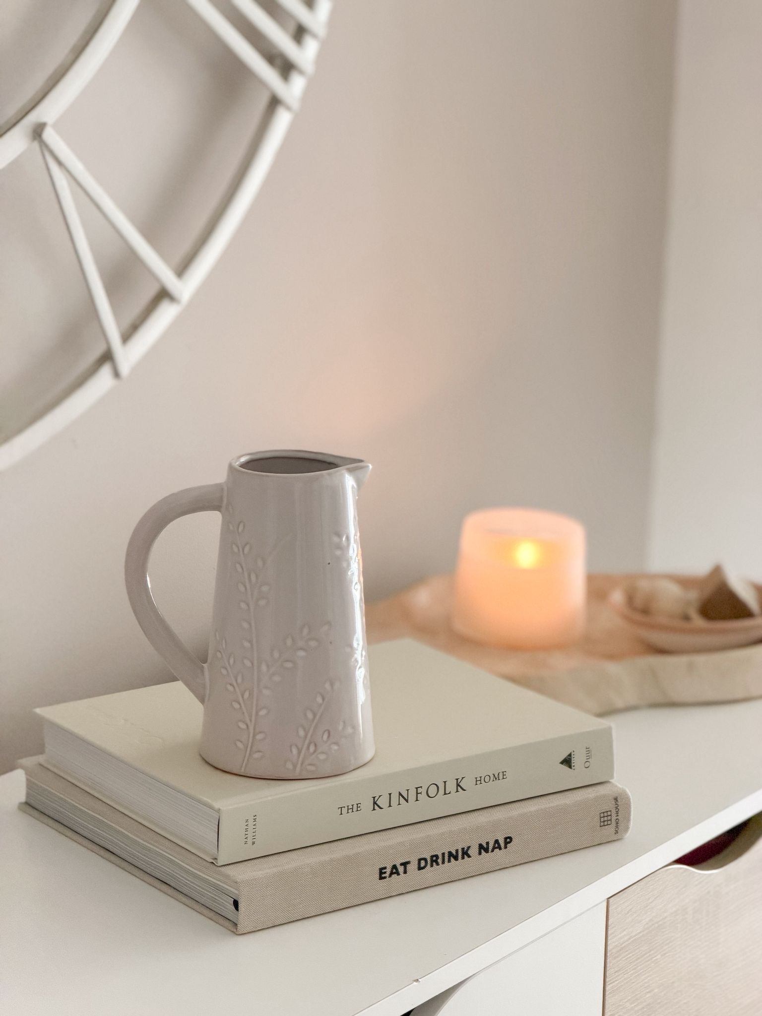 Ceramic natural jug with pretty leaf decoration