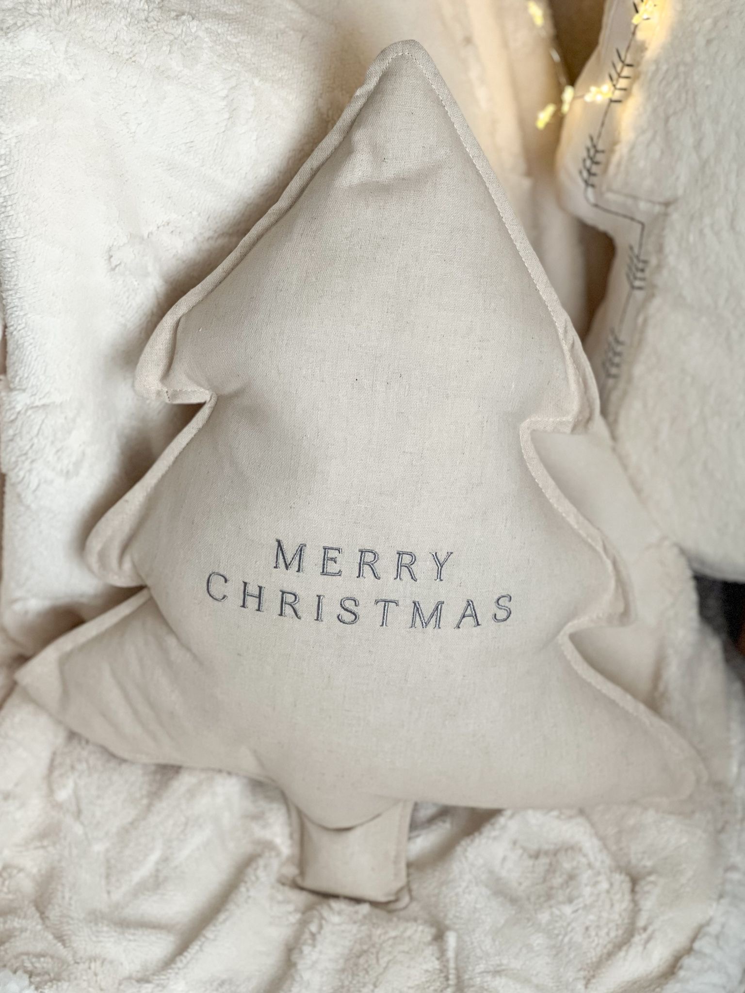 Christmas tree shaped ‘Merry Christmas’ cushion