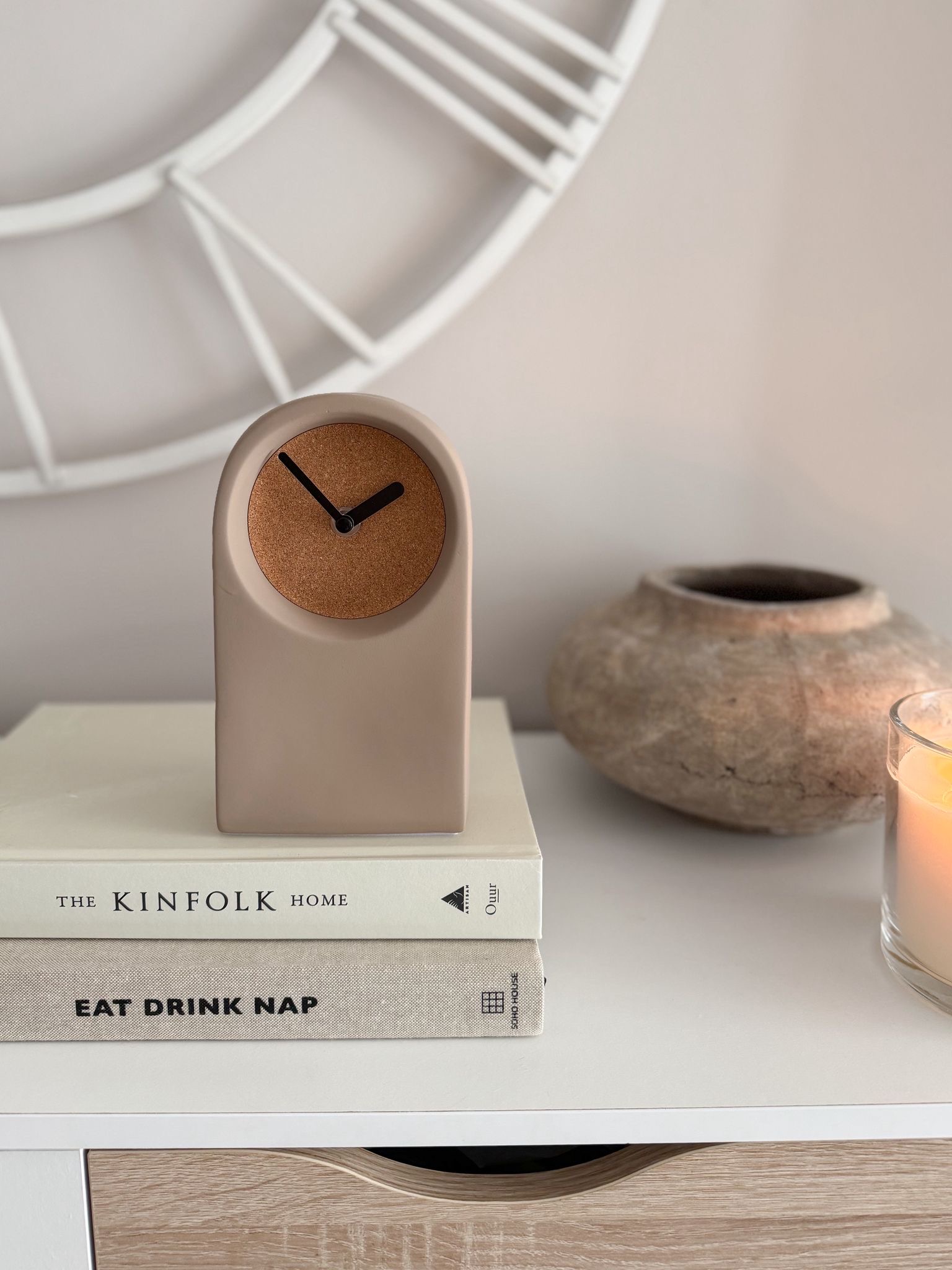 Nordic arch clock, ceramic & cork
