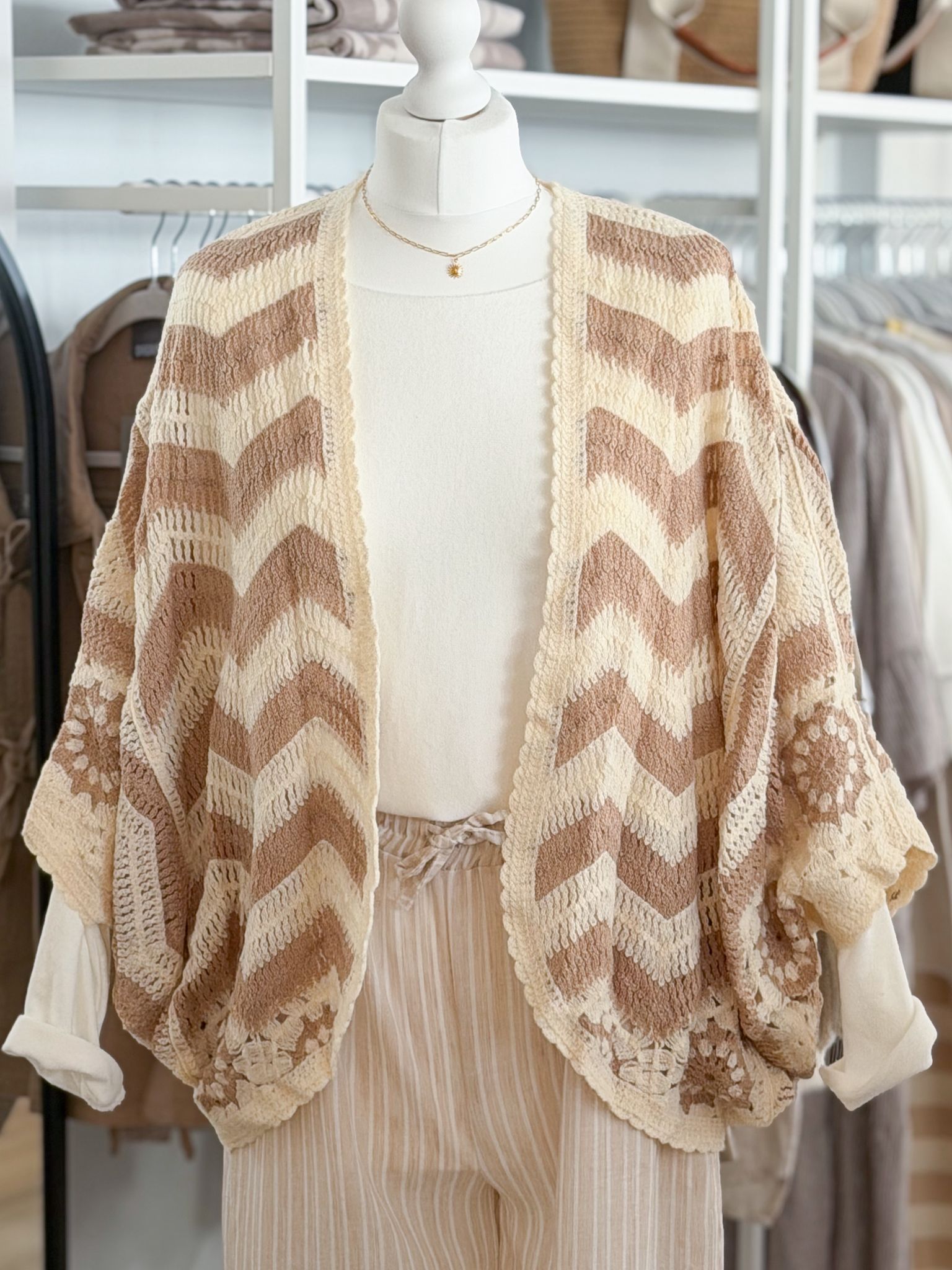 Balloon sleeve crochet knit cardigan