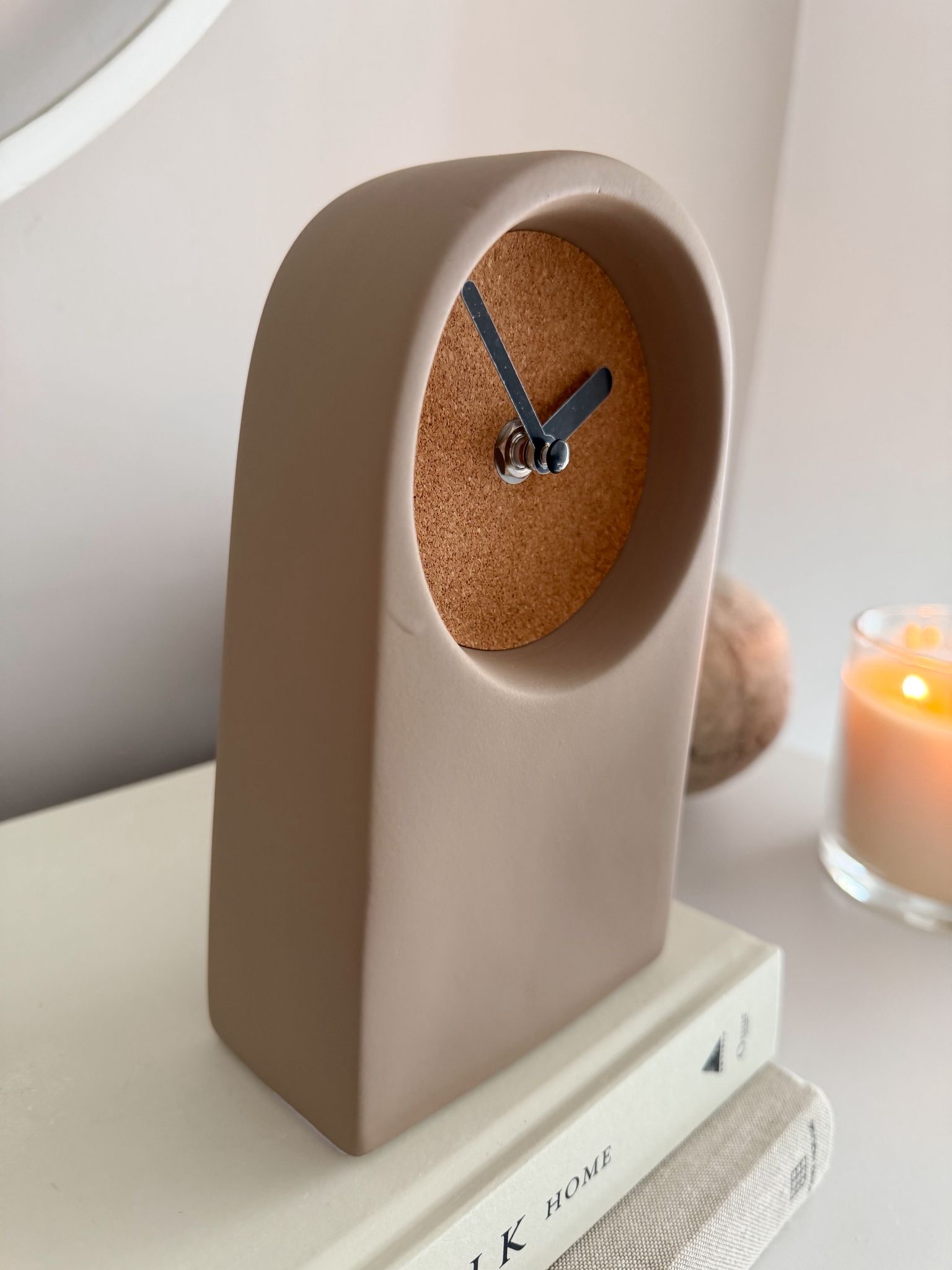 Nordic arch clock, ceramic & cork