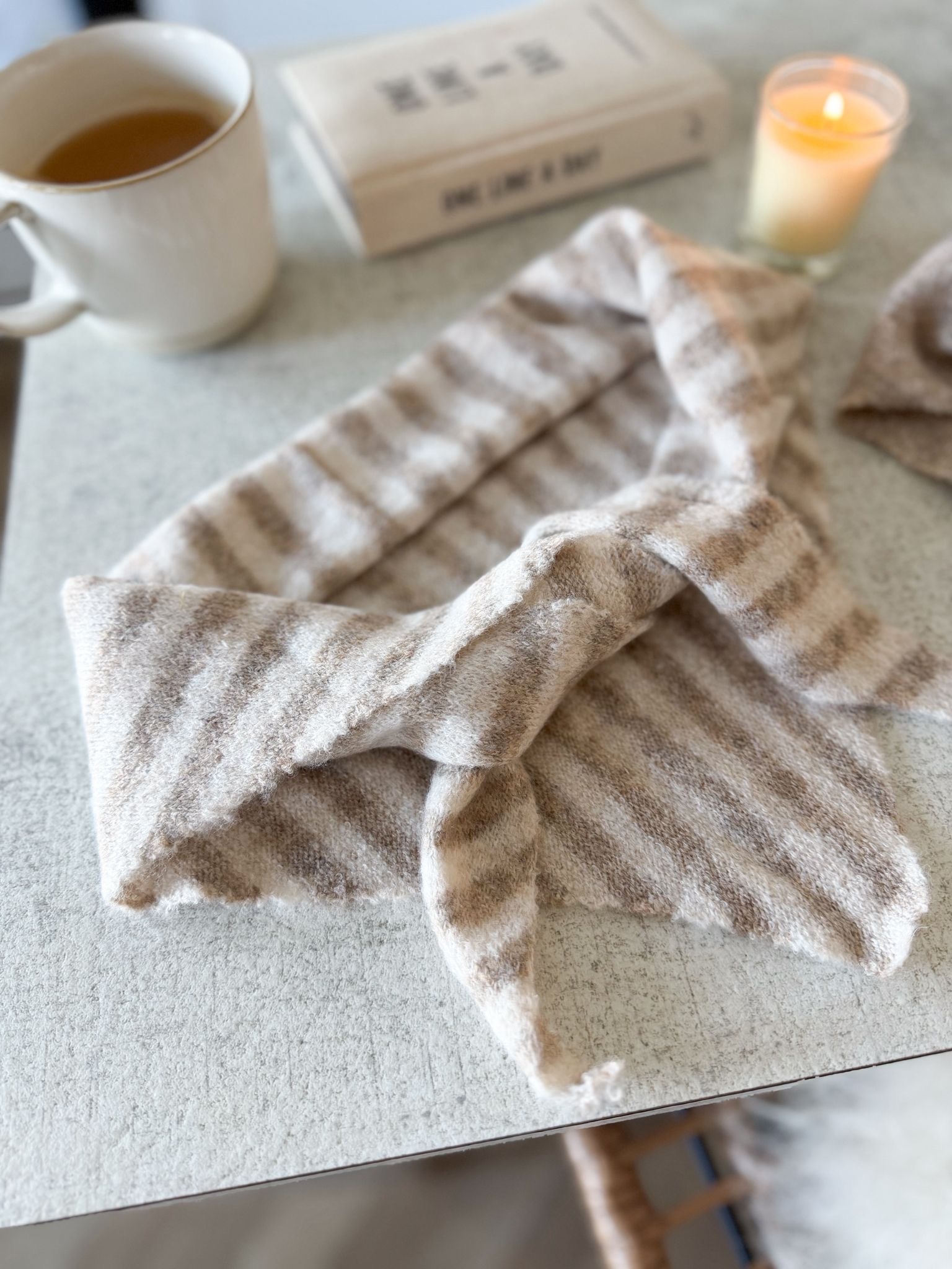 Softest wool blend triangle scarf in neutral stripe