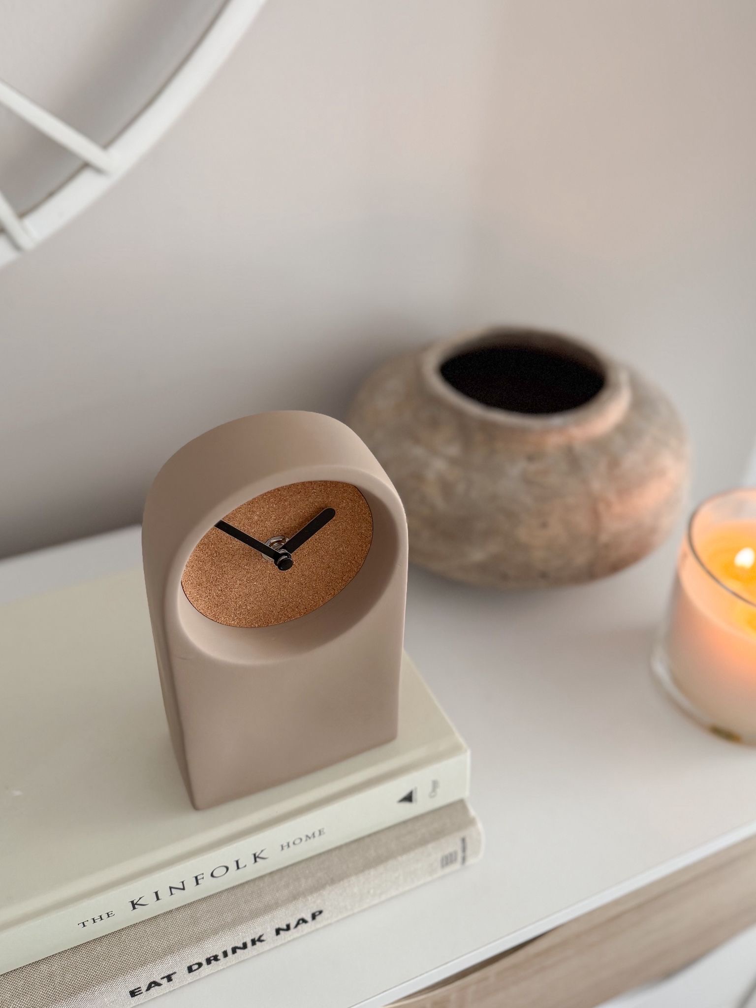 Nordic arch clock, ceramic & cork