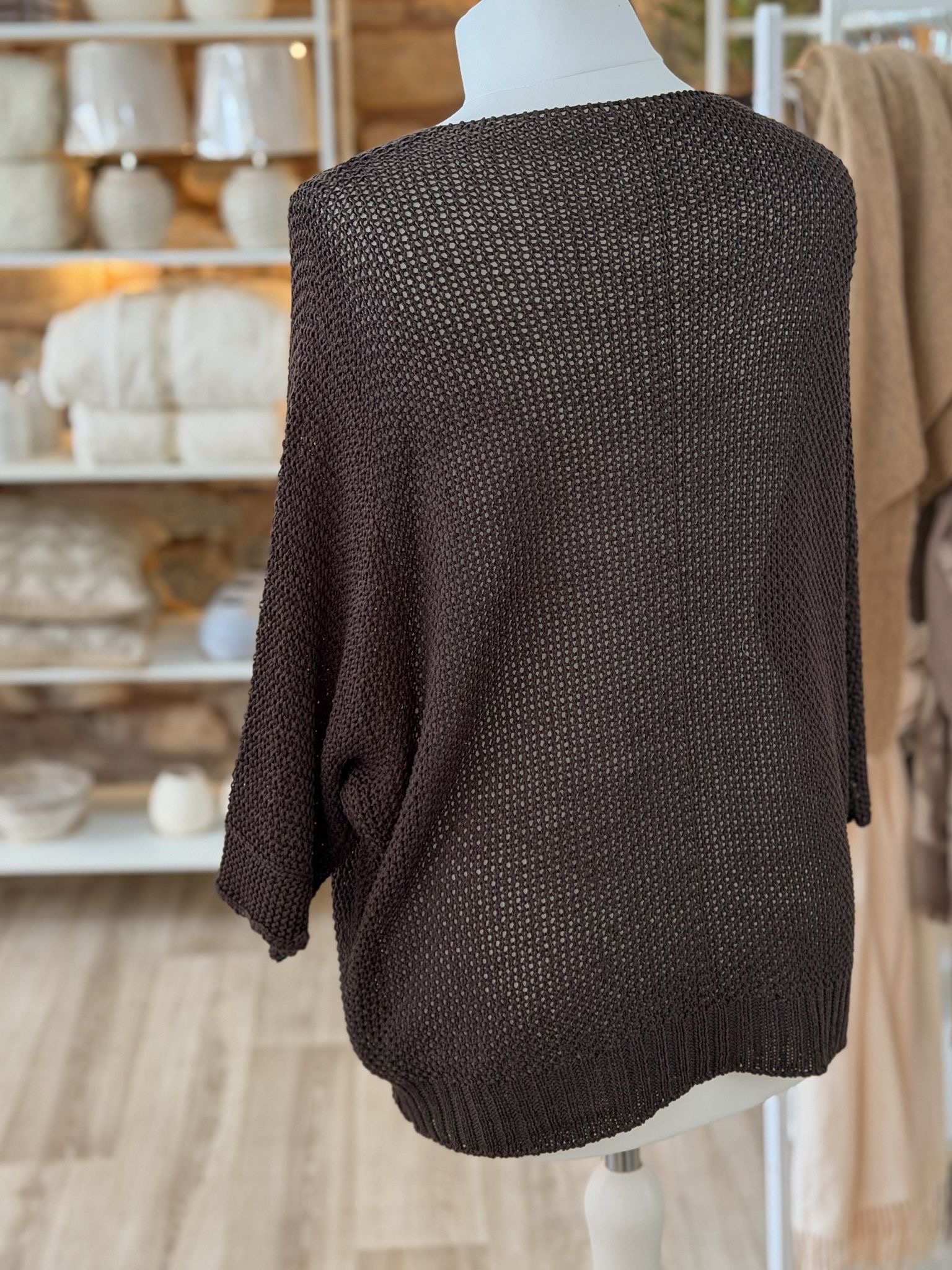 Light weight open knit vneck top in chocolate