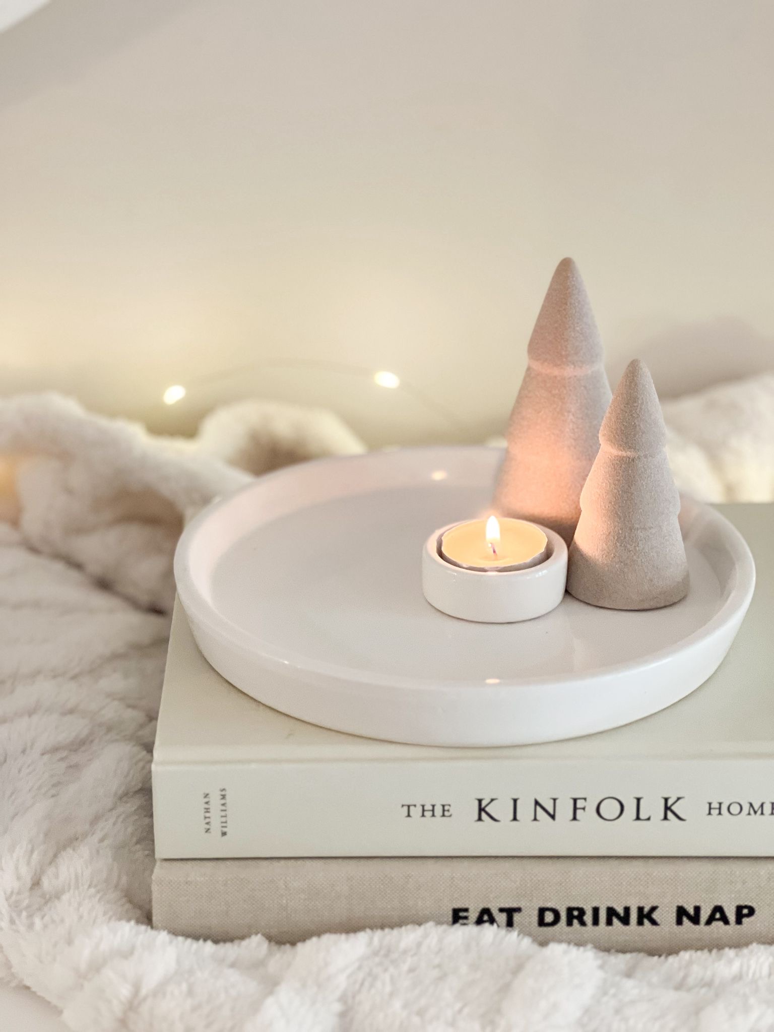Large ceramic candle tray with decorative trees