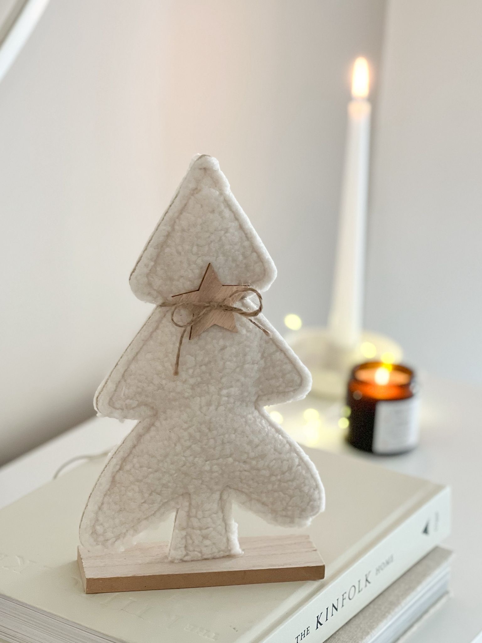 Sherpa boucle Christmas tree on wooden base with star
