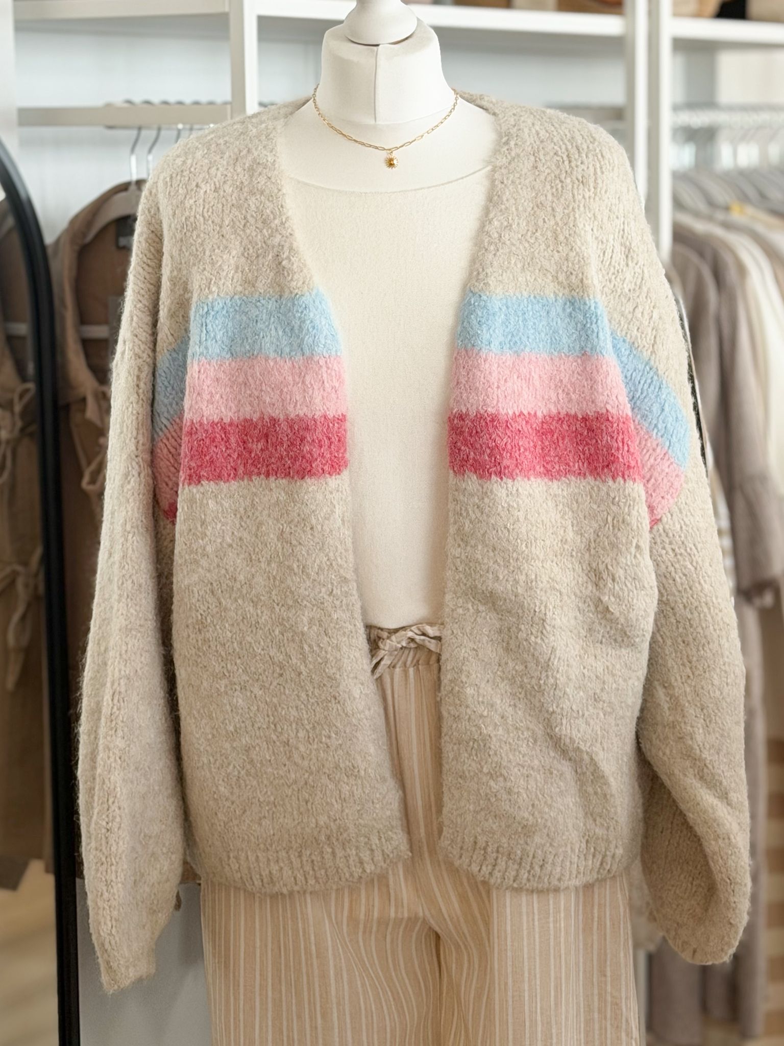 Cream softest cardi with colour stripe