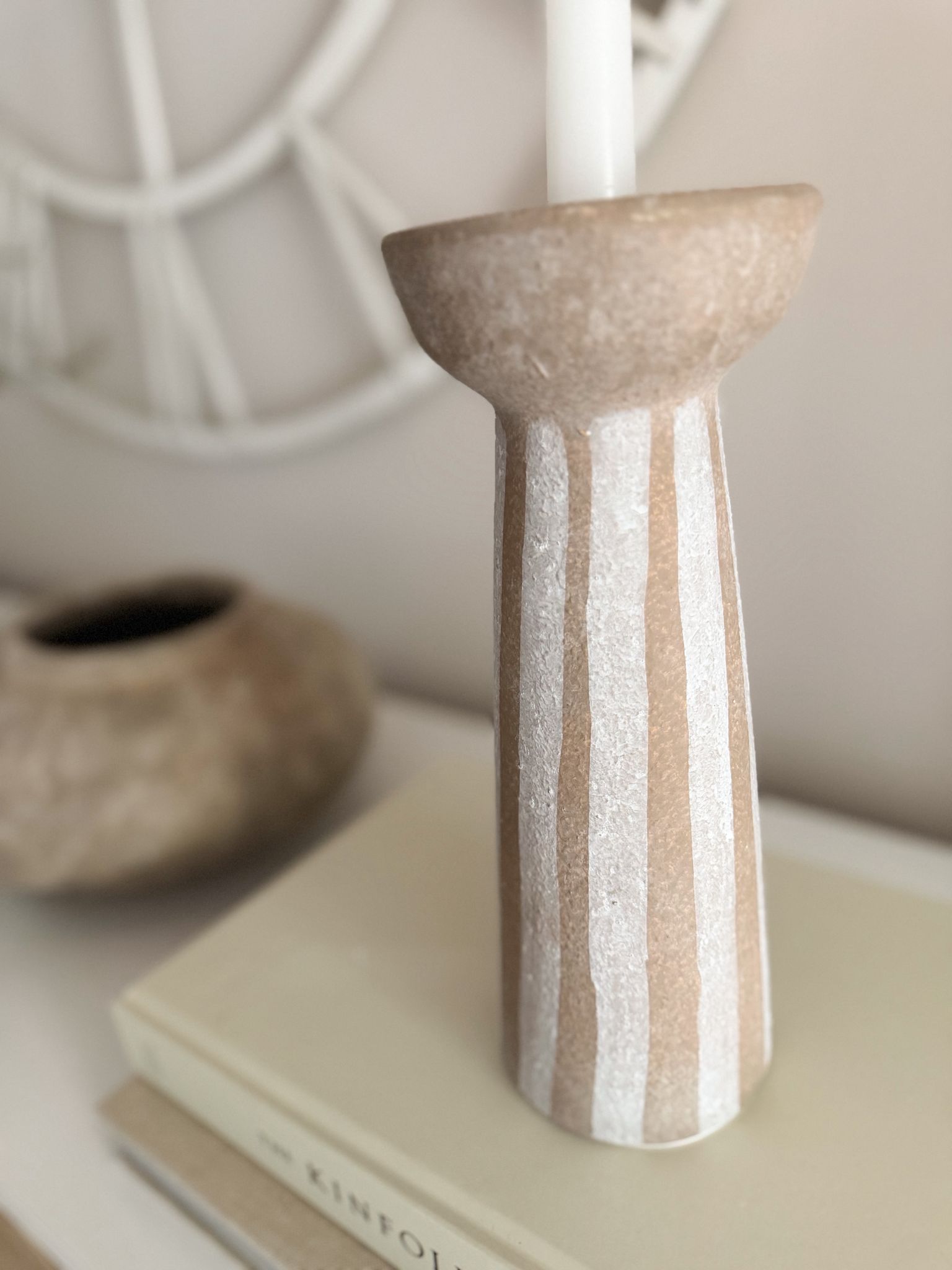 Rustic ceramic stripe large candle holder