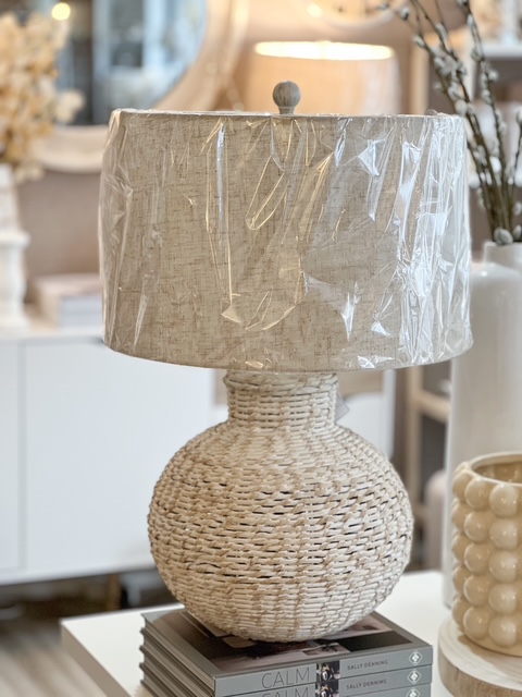 White wash bulbous wicker lamp with natural shade