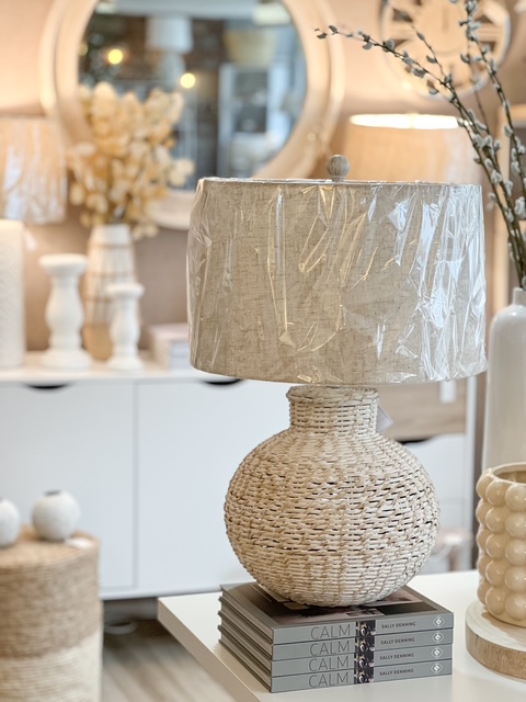 White wash bulbous wicker lamp with natural shade