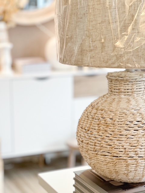 White wash bulbous wicker lamp with natural shade