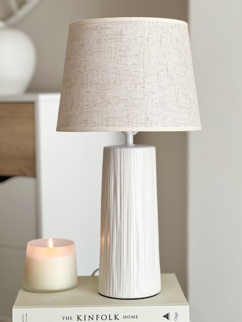 Textured base ceramic lamp with beige linen shade