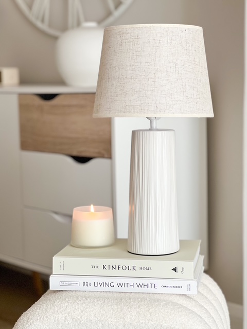 Textured base ceramic lamp with beige linen shade