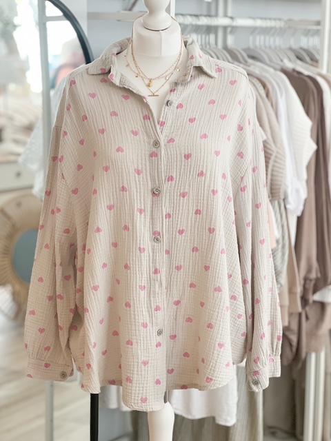 Taupe and pink heart cotton gauze button shirt