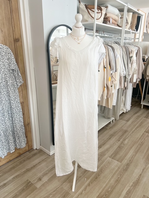 White linen ruffle shoulder tunic dress