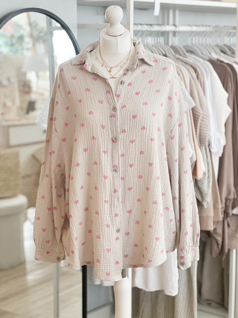 Taupe and pink heart cotton gauze button shirt