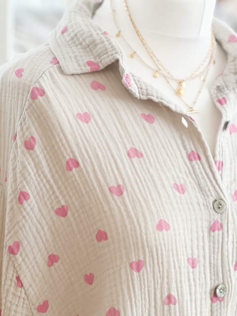 Taupe and pink heart cotton gauze button shirt