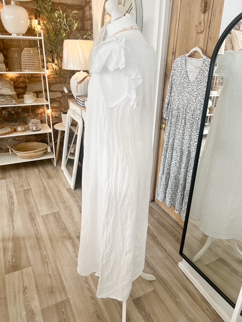 White linen ruffle shoulder tunic dress