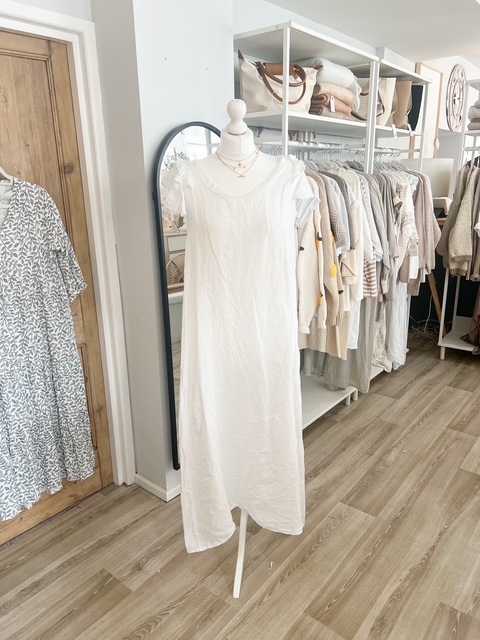White linen ruffle shoulder tunic dress