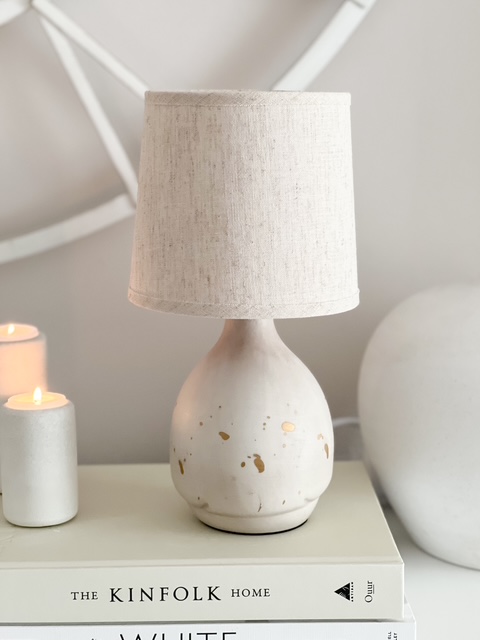 Natural ceramic ‘flecked’ lamp with linen shade