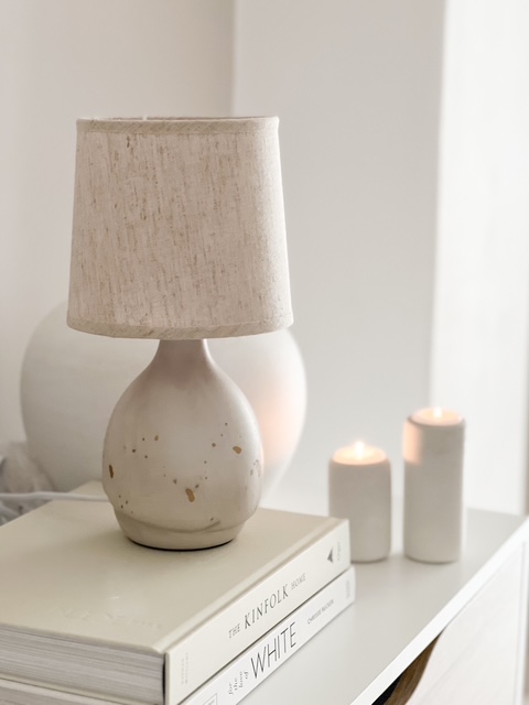 Natural ceramic ‘flecked’ lamp with linen shade