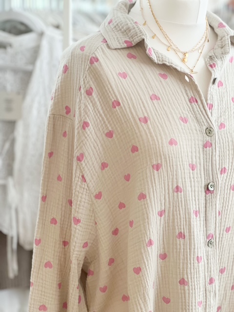 Taupe and pink heart cotton gauze button shirt
