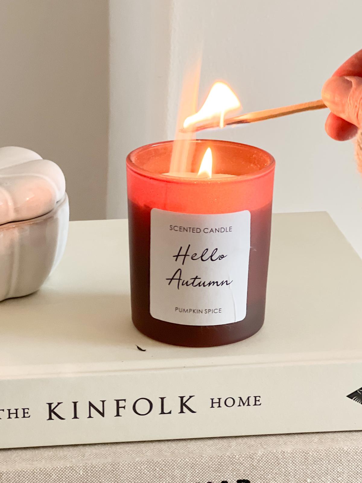 Hello Autumn scented candle in hessian bag